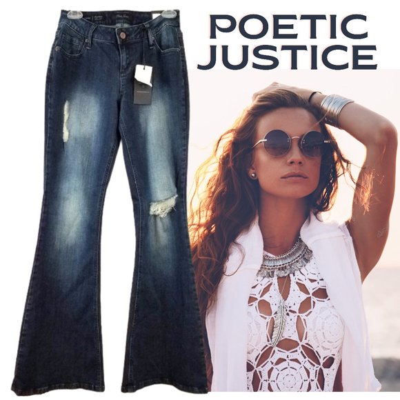 POETIC JUSTICE Corrine High Rise Flare Distressed Denim Jeans - Women's 26 R - Picture 1 of 6